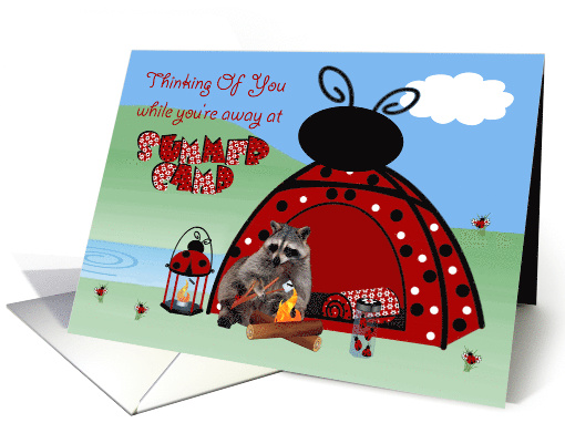 Thinking Of You At Summer Camp Card with a Raccoon by a Bonfire card