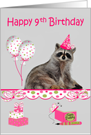 9th Birthday, adorable raccoon wearing a party hat with balloons, bows card