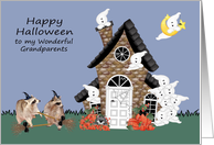 Halloween to Grandparents, Raccoon Warlocks with brooms, ghosts card