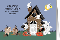 Halloween to Brother, Raccoon Warlocks with brooms, ghosts on blue card