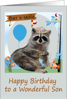 Birthday To Son, Raccoon holding a line of fish with a pole, balloon card