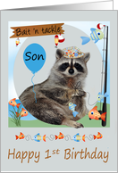 1st Birthday To Son, Raccoon holding a line of fish on a pole, balloon card