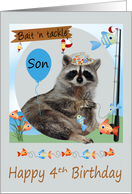 4th Birthday To Son, Raccoon holding a line of fish on a pole, balloon card
