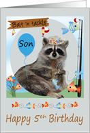 5th Birthday To Son, Raccoon holding a line of fish on a pole, balloon card