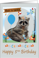 5th Birthday, Raccoon holding a line of fish with a pole and a balloon card