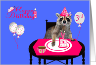 3rd Birthday, general, adorable raccoon in a pink party hat, cake card