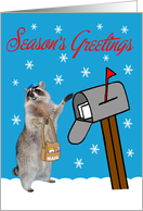 Season’s Greetings from mail carrier, raccoon at mailbox in the snow card