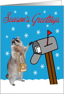 Season’s Greetings to Mail Carrier with a Raccoon Filling a Mailbox card