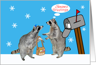 Season’s Greetings to Mail Carrier, adorable raccoons at mailbox card