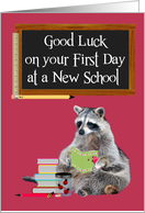 First Day at New School Raccoon with Books Under a Chalkboard card