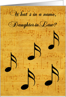 Name Day to Daughter-in-Law, black musical notes on vintage music card