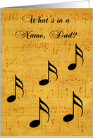 Name Day to Dad, black musical notes on vintage sheet music card