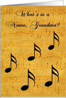 Name Day to Grandma, black musical notes on vitage sheet music card