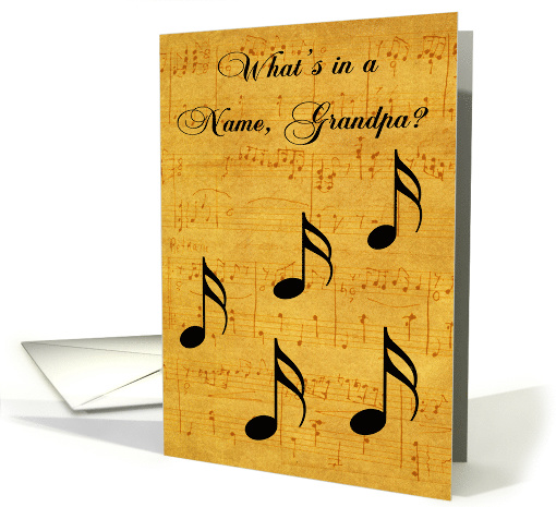 Name Day to Grandpa, black musical notes on vintage sheet music card