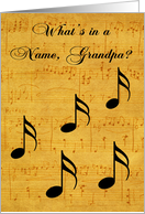 Name Day to Grandpa, black musical notes on vintage sheet music card