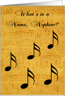 Name Day to Nephew, black musical notes on a sheet of vintage music card