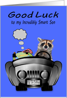 Off to College to Son Good Luck with a Raccoon Smiling Driving a Car card