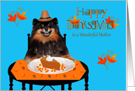 Thanksgiving to Mother, Pomeranian Pilgrim with pumpkin pie, leaves card