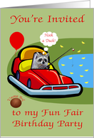 Invitations, Fun Fair Birthday Party, Raccoon in a bumper car, ducks card