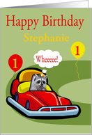 Custom Birthday, age and name specific, Raccoon Driving A Bumper Car card