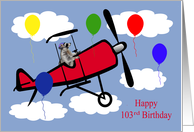 103rd Birthday, adorable raccoon flying an airplane into the clouds card