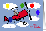 105th Birthday, adorable raccoon flying an airplane into the clouds card