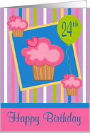 24th Birthday, general, Cupcakes with a balloon on striped background card