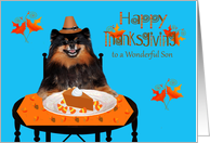 Thanksgiving to Son with a Pomeranian Pilgrim and Pumpkin Pie card