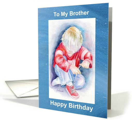 Happy Birthday, Little Brother, young Boy Tying his Shoe card (871207)