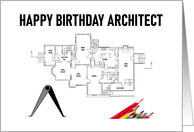 Happy Birthday Architect House Plan Drawing Compass Colored Pencils card