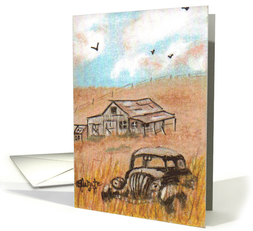 Abandoned black car, old farm, blank note card (638607)