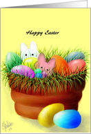 Easter, Eggs and Bunnies in clay pot card