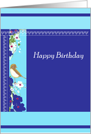 french blue and turquoise happy birthday bird flowers card