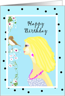 bird and girl, birthday wispers card