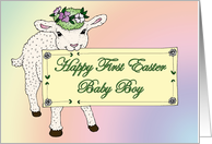 Baby Boy’s First Easter Lamb holding sign card