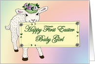 Baby Girl’s First Easter Lamb holding sign card