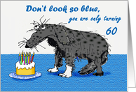 60 th Happy Birthday, sad dog and cake with candles.humor card