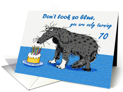 Happy Birthday, Blue 70 th dog and cake with candles.humor card