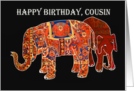 Happy Birthday Cousin, two Persian patterned elephants. card
