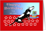 Happy birthday, black and white dog, cake,candles.custom text card