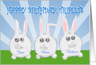 Happy Birthday Triplets, three white bunny rabbits.Custom card