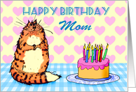 Happy Birthday,For Mom from daughter, cat, cake and candles, card