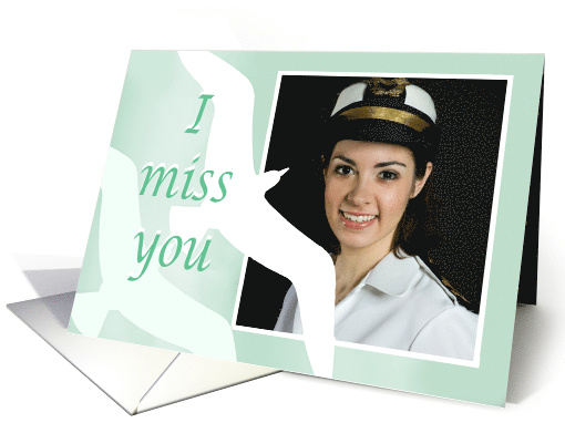 I Miss you, across the miles,custom photo, two birds, pale green. card