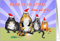 Merry Christmas from all of us, cats with Christmas hats., humor. card