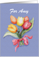 Watercolor, red, yellow, orange, Tulips, pink ribbon,custom card. card