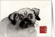 Pug dog portrait, ink painting, blank note card. card