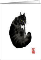 Black ink painting of cat in Chinese style. card