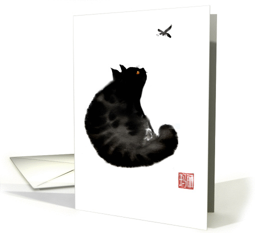 black cat, looking at dragonfly, chinese style, blank card. card