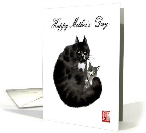 Black ink painting Cat and Kitten, Happy Mother's Day card (1405038)