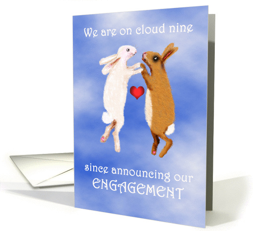 Engagement announcement, two rabbits on cloud nine.humor. card